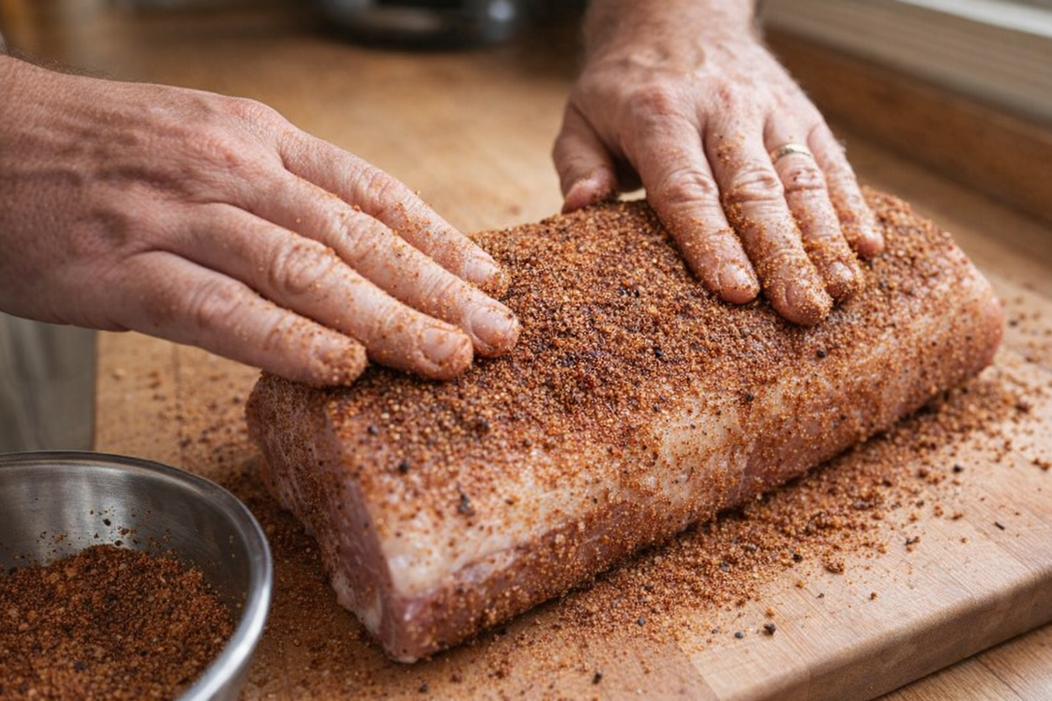 A close-up shot of a pork loin being seasoned with a dry rub, hands applying the rub evenly, stainless steel bowl with remaining rub visible, kitchen counter background